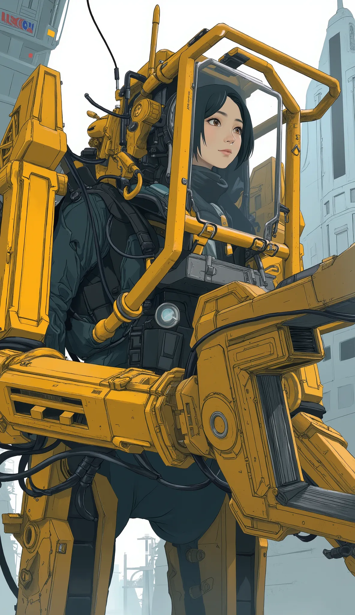 power loader composed of various metal and mechanical components、Mostly bright yellow,The sensors on each part emit light blue、 angular features typical of advanced robotics.  its body is made up of multiple interconnected, A beautiful Japanese woman is pi...