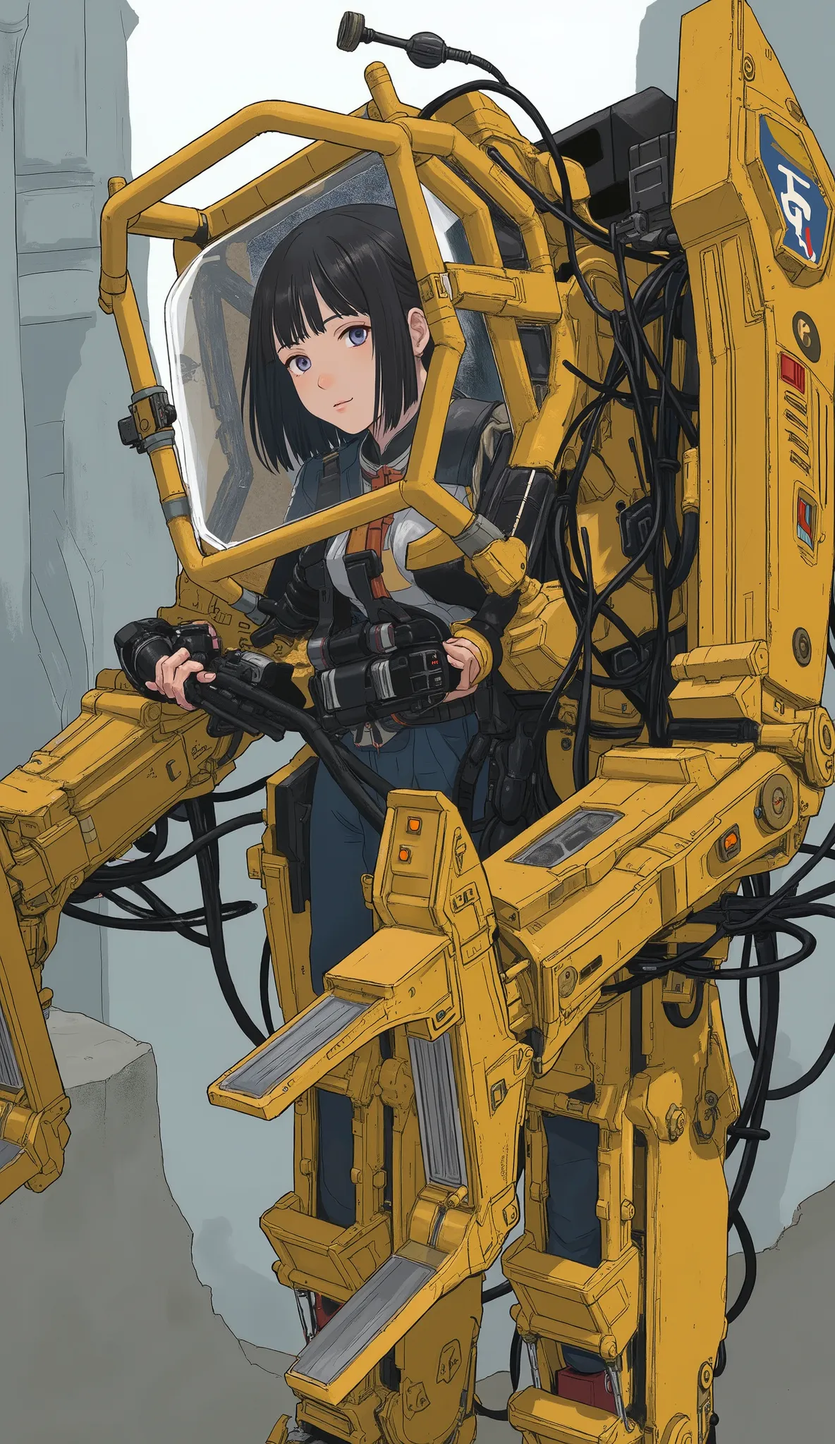 power loader composed of various metal and mechanical components、Mostly bright yellow,The sensors on each part emit light blue、 angular features typical of advanced robotics.  its body is made up of multiple interconnected, A beautiful Japanese woman is pi...