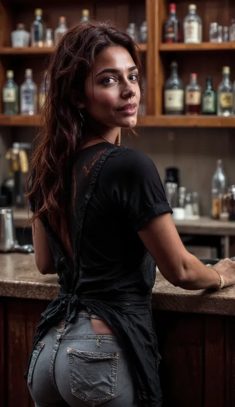 A woman, light-medium brown complexion, young about 20's sexy adult, is positioned slightly to the left of center in a bar setting. She is wearing a black short-sleeved top transparent on the back. She also wears light more ripped gray jeans and a dark apr...
