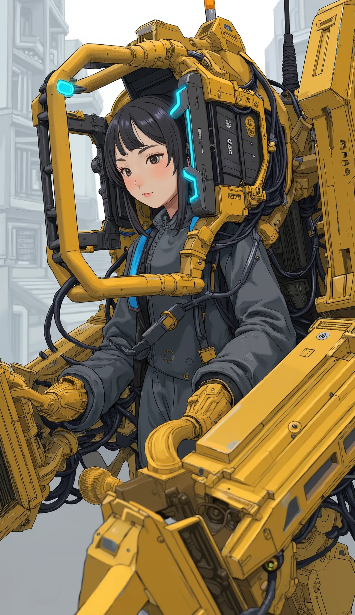  from above 、power loader composed of various metal and mechanical components、Mostly bright yellow,The sensors on each part emit light blue、 angular features typical of advanced robotics.  its body is made up of multiple interconnected, A beautiful Japanes...