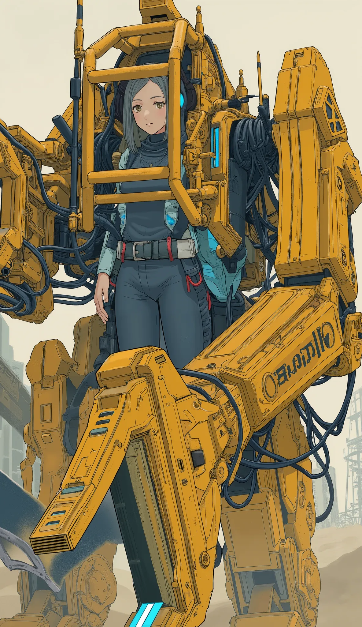  from above 、power loader composed of various metal and mechanical components、Mostly bright yellow,The sensors on each part emit light blue、 angular features typical of advanced robotics.  its body is made up of multiple interconnected, A beautiful Japanes...