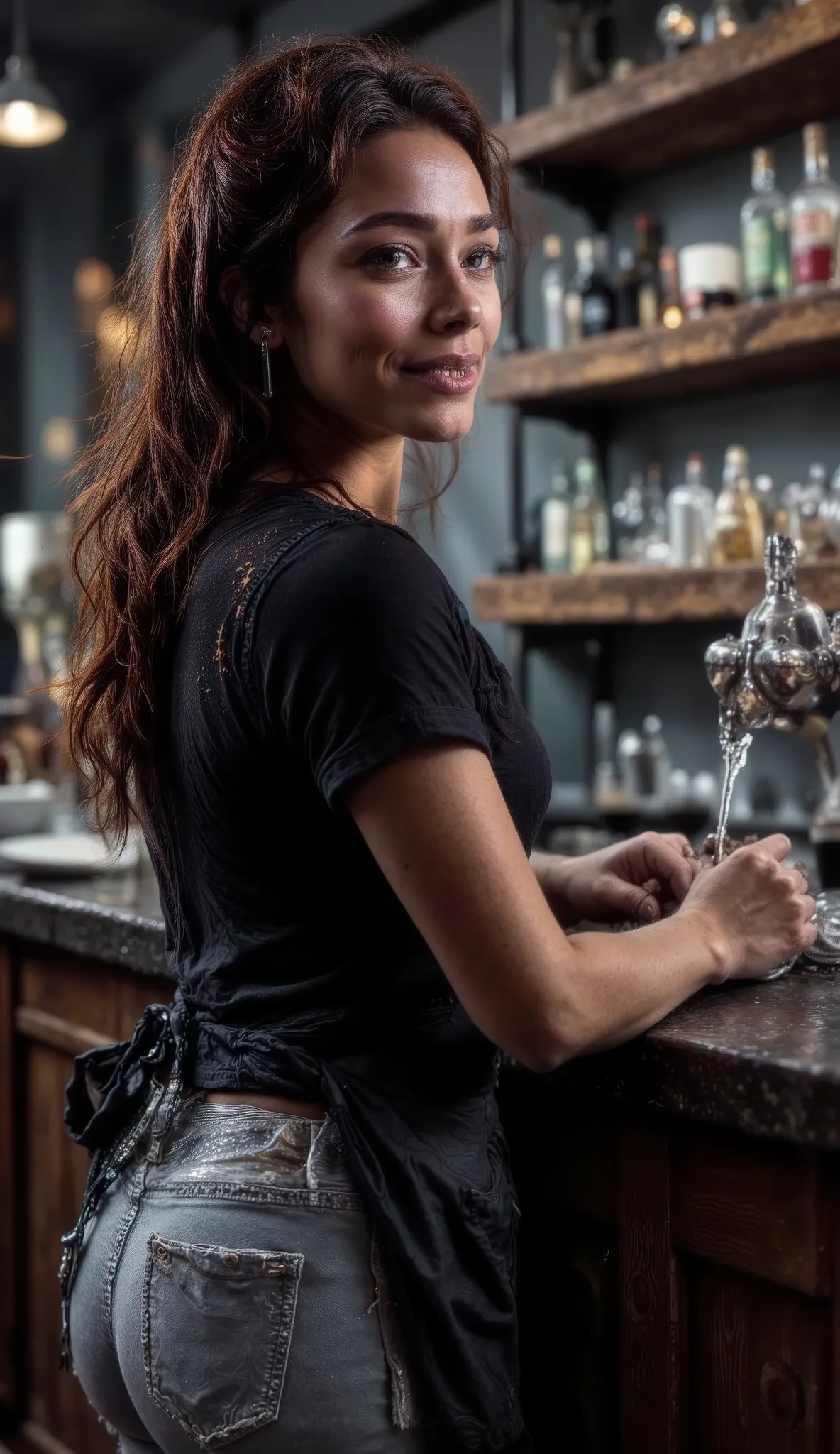 A woman, light-medium brown complexion, young about 20's sexy adult, is positioned slightly to the left of center in a bar setting. She is wearing a black short-sleeved top transparent on the back. She also wears light more ripped and cropped gray jeans an...