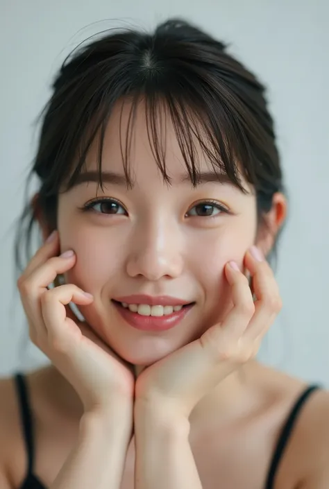 An extreme ultra close-up portrait of a stunningly beautiful young Japanese woman in her early twenties. Her face fills 95% of the frame, captured in cinematic soft lighting. She has a warm skin tone with flushed cheeks, porcelain-smooth complexion, visibl...