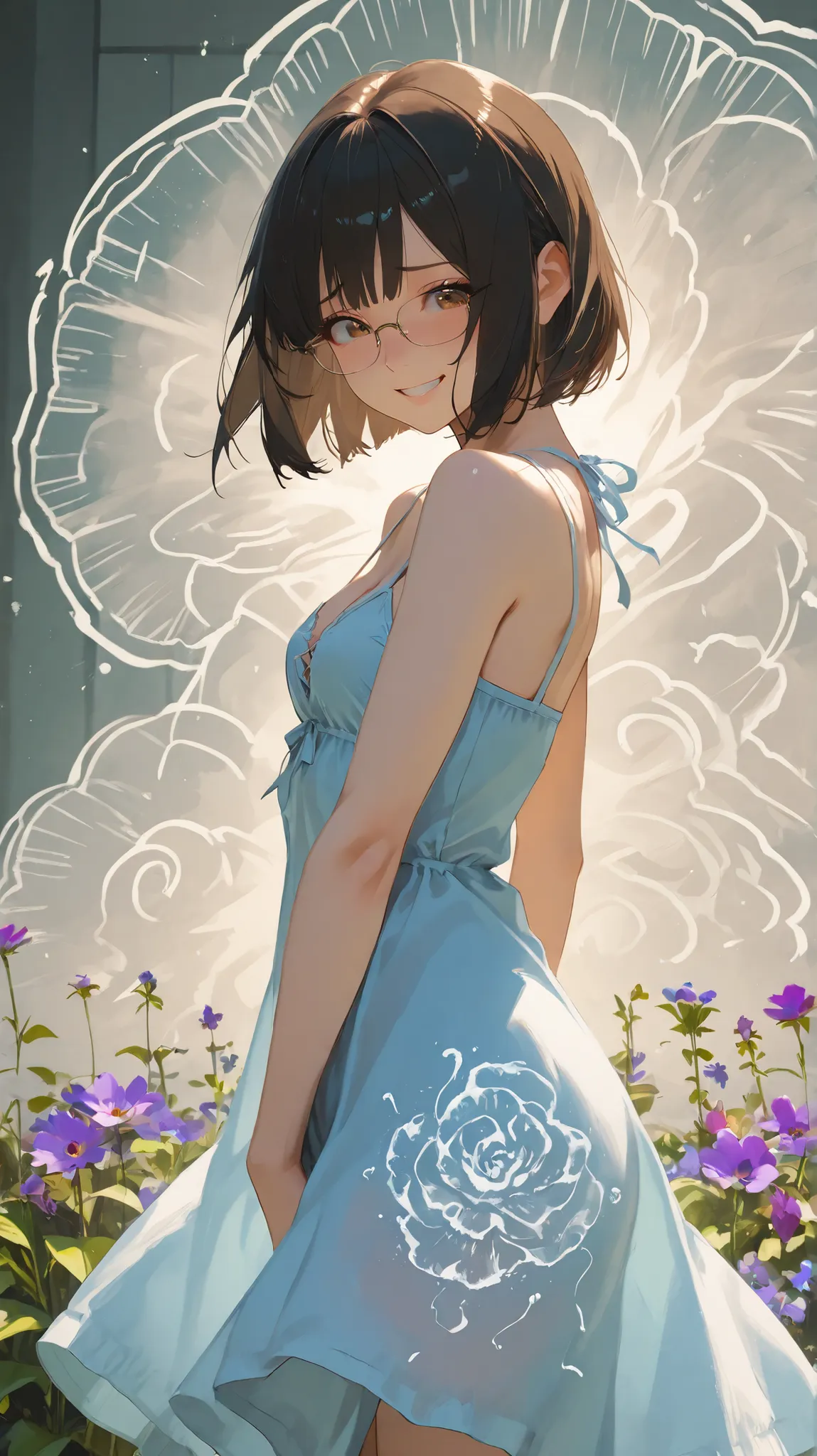 masterpiece, 8k, river side flower garden, bob hair, black hair, glasses, in a blue one-piece summer dress, (standing gravure posing:1.5), 1girl, thin chests, small breasts, cleavage, close-up face, Dynamism, unrealistic beauty, enchanting eyes, perfect face, clear darkened brown eyes, brilliant eyes, looking at viewer, (embarrassed:1.0), smile, grin, from side, fluttering wind, 