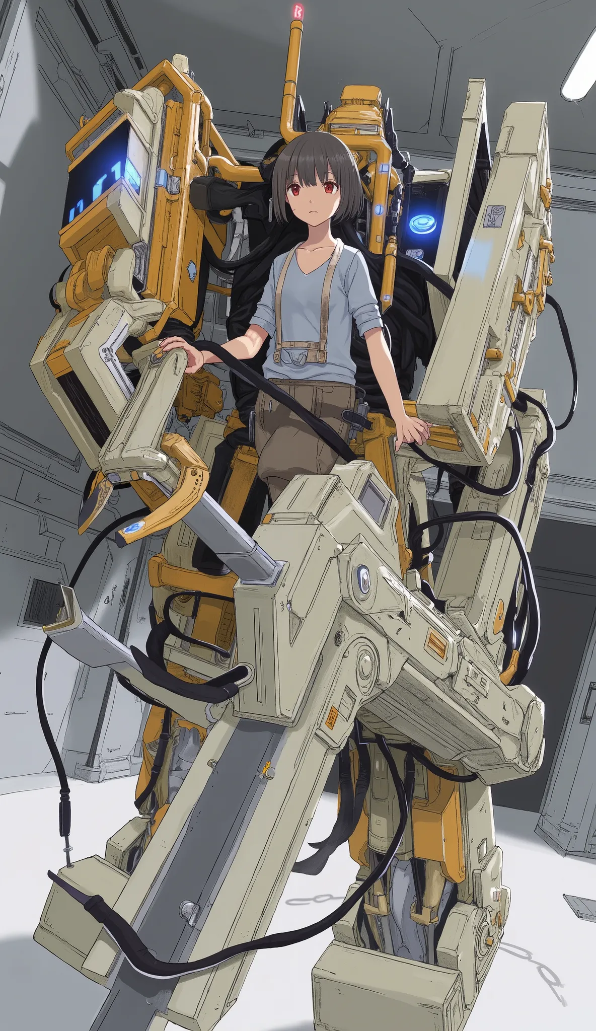  from above 、power loader composed of various metal and mechanical components、Off-white and orange coloring,The sensors on each part emit light blue、 angular features typical of advanced robotics.  its body is made up of multiple interconnected, A beautifu...