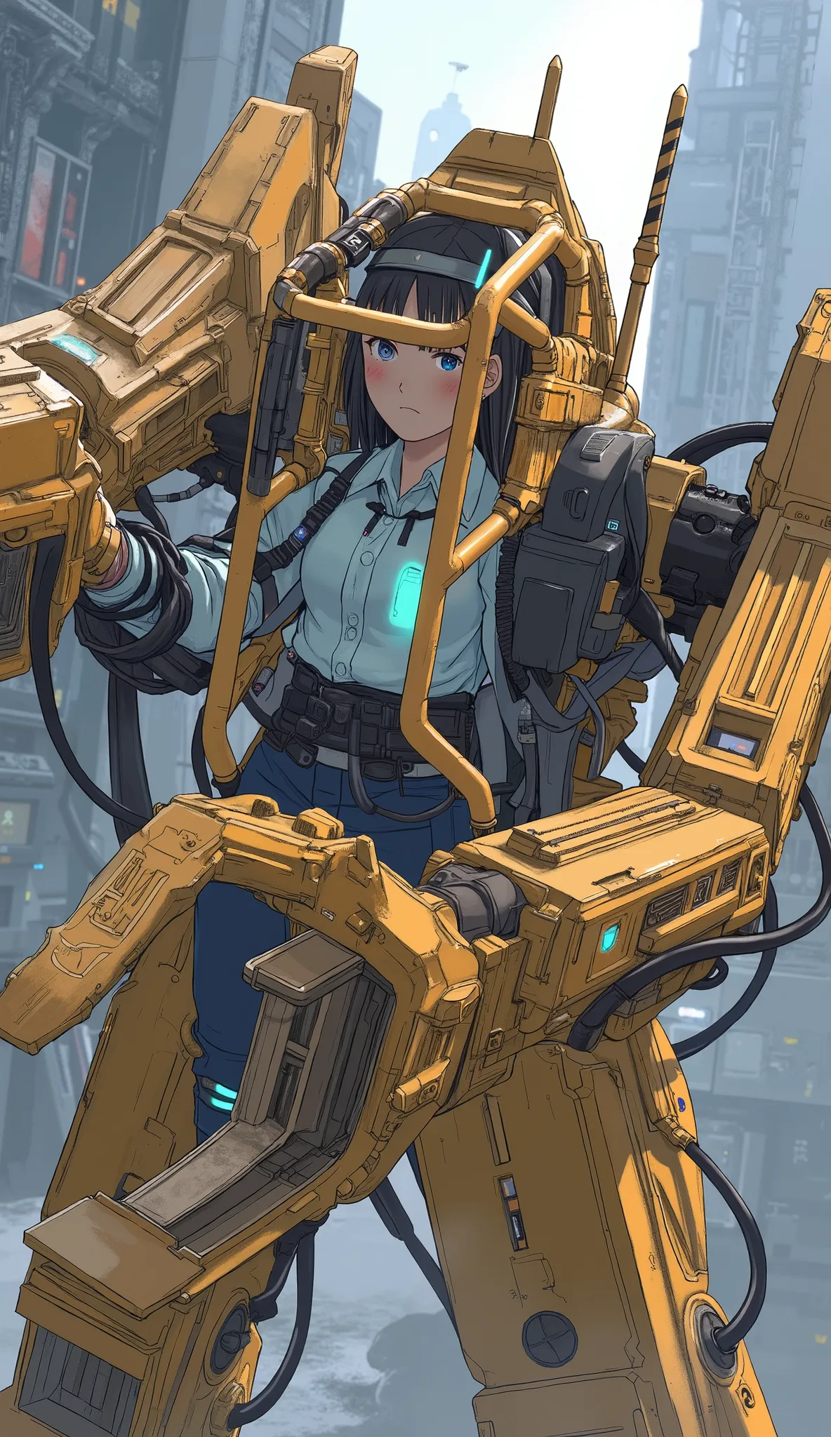  from above 、Prototype power loader composed of various metal and mechanical components、Off-white and orange coloring,The sensors on each part emit light blue、 angular features typical of advanced robotics.  its body is made up of multiple interconnected, ...