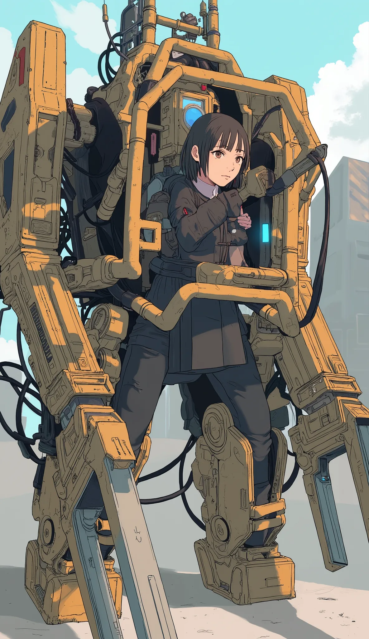  from above 、Prototype power loader composed of various metal and mechanical components、Off-white and orange coloring,The sensors on each part emit light blue、 angular features typical of advanced robotics.  its body is made up of multiple interconnected, ...
