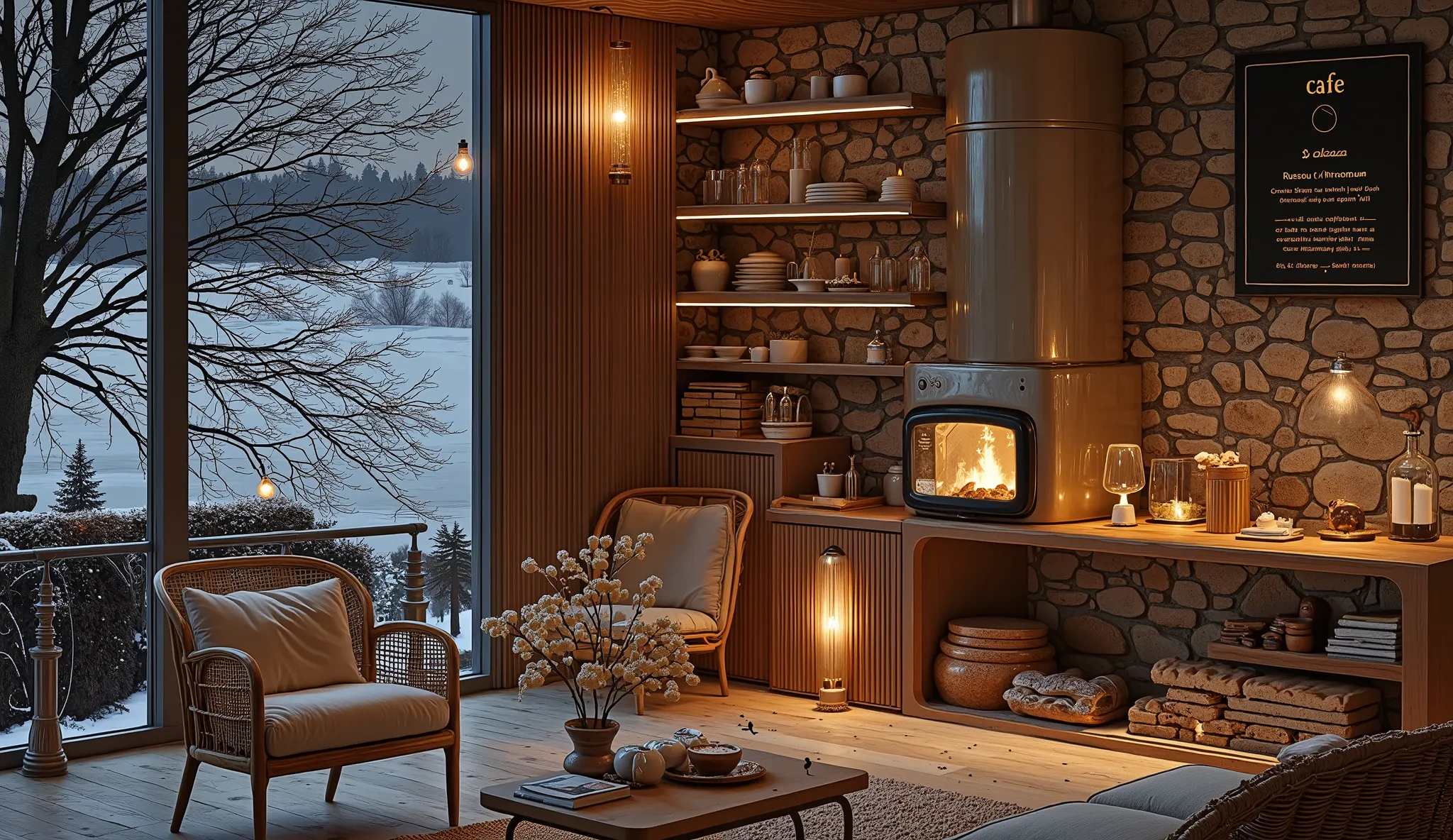 Cozy cabin with fireplace, không có cây Giáng sinhThe scene depicts a Cozy cabin with fireplace, without a rustic cafe Christmas tree, overlooking a beautiful lake .
The interior has a wooden counter , on which a shiny metal coffee pot shines , symbo...
