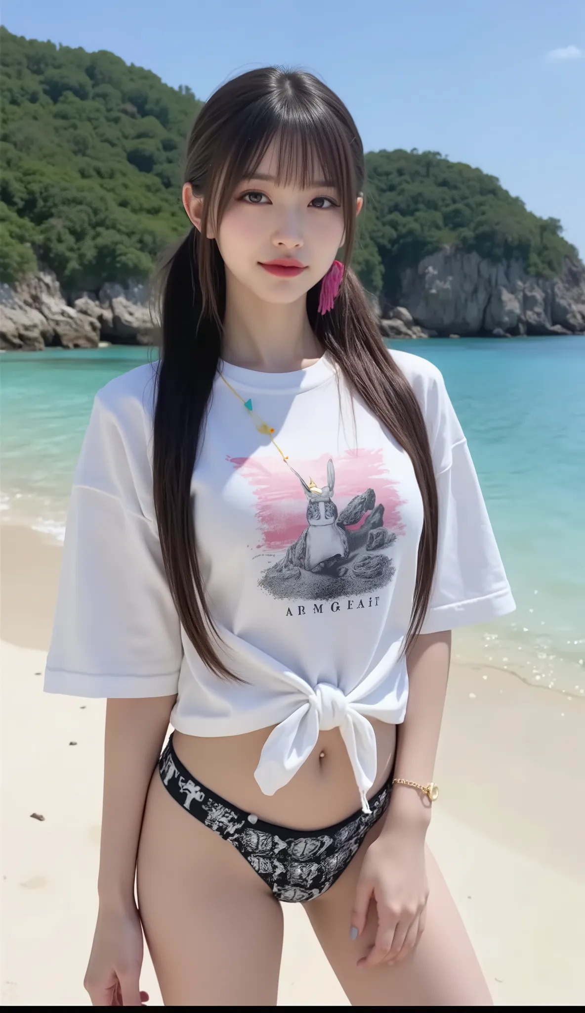 ((depicts a young Korean pop idol girl wearing a t-shirt over a bikini swimsuit。),((tropical sandy beaches and beautiful seas)),(walk),((Tie the length of a T-shirt with a rock design for women and combine it with a belly button and bikini swimsuit)),(smil...