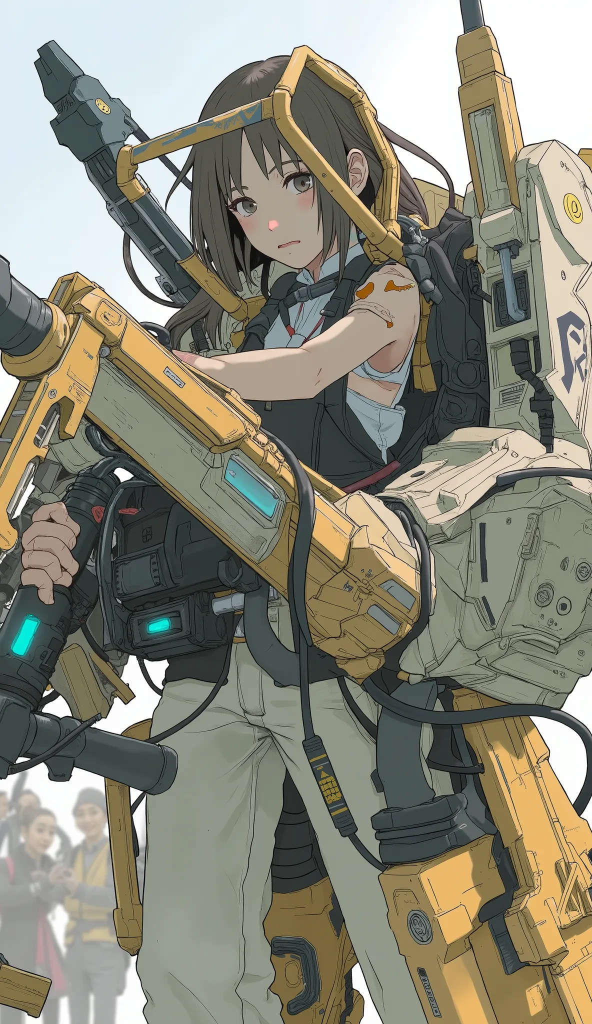  from above 、taken with a fisheye lens、Prototype power loader composed of various metal and mechanical components、Off-white and orange coloring,The sensors on each part emit light blue、 angular features typical of advanced robotics.  its body is made up of...