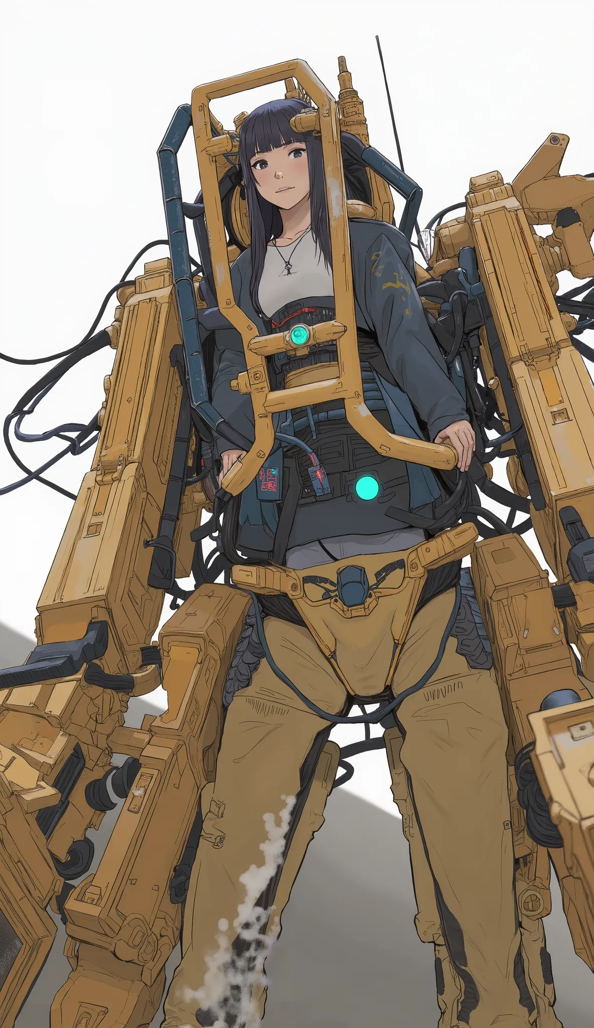  from above 、taken with a fisheye lens、Prototype power loader composed of various metal and mechanical components、Off-white and orange coloring,The sensors on each part emit light blue、 angular features typical of advanced robotics.  its body is made up of...