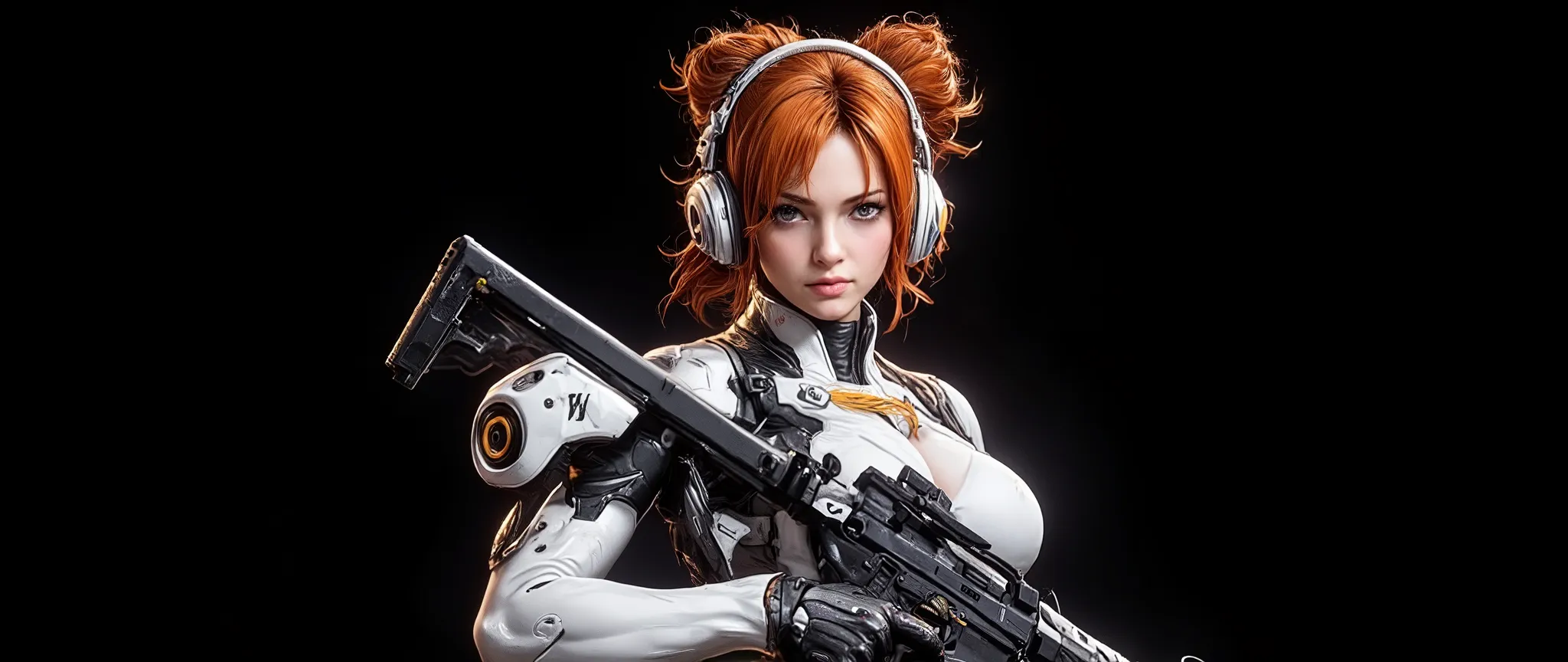 Side shot of the bust from head to chest of a 20 year old woman, high quality, 4k, she is a futuristic space marine, cinematic fiction, Close-up of the face framed, side frontal, very pretty, freckled, orange-redhead with very long hair and two buns one on...