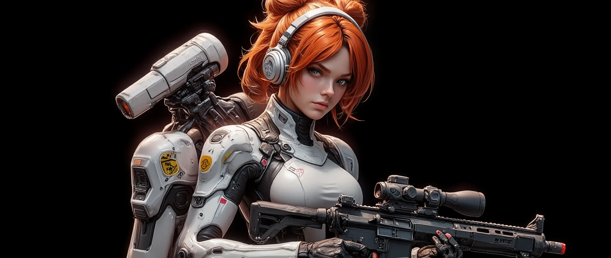 Side shot of the bust from head to chest of a 20 year old woman, high quality, 4k, she is a futuristic space marine, cinematic fiction, Close-up of the face framed, side frontal, very pretty, freckled, orange-redhead with very long hair and two buns one on...