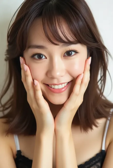 An extreme ultra close-up portrait of a stunningly beautiful young Japanese woman in her early twenties. Her face fills 95% of the frame, captured in cinematic soft lighting. She has a warm skin tone with flushed cheeks, porcelain-smooth complexion, visibl...