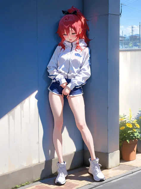 Rain Patterson、1 girl、super detail）、（（masterpiece）），（Highest Quality）、（very aesthetic）、red hair、gray eyes、masterpiece、White Jacket、shorts、climax、orgasm、outdoor、Hide、garden、Kusamura、earthen ground、stand back、sexy legs、masturbation、hyde、standing、urination、Pa...
