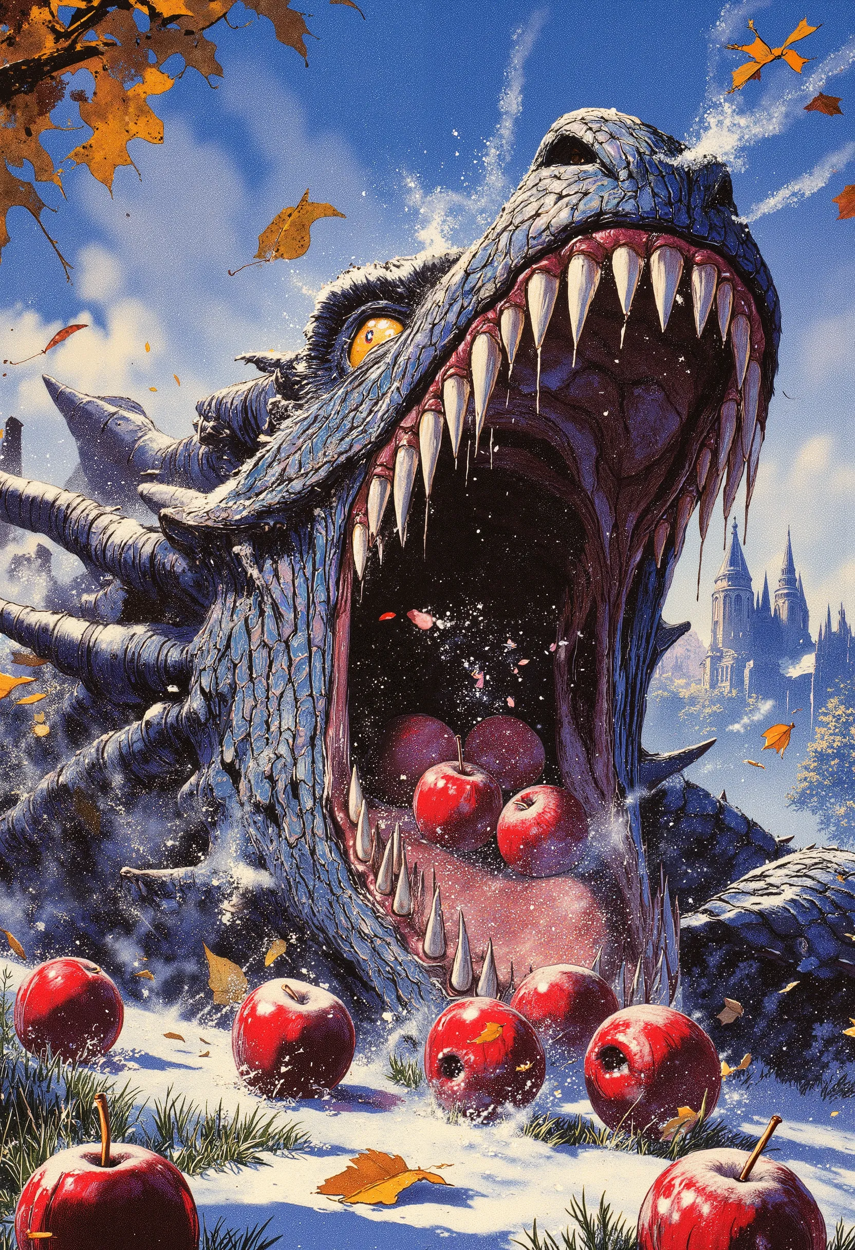 The painting style is detailed and epic. Dynamic frame. The middle of the movement. At a low angle, the figure of a huge, terrifyingly beautiful fantastic dragon with its muzzle raised up and its toothy mouth open is vertically visible. A drunken, satisf...