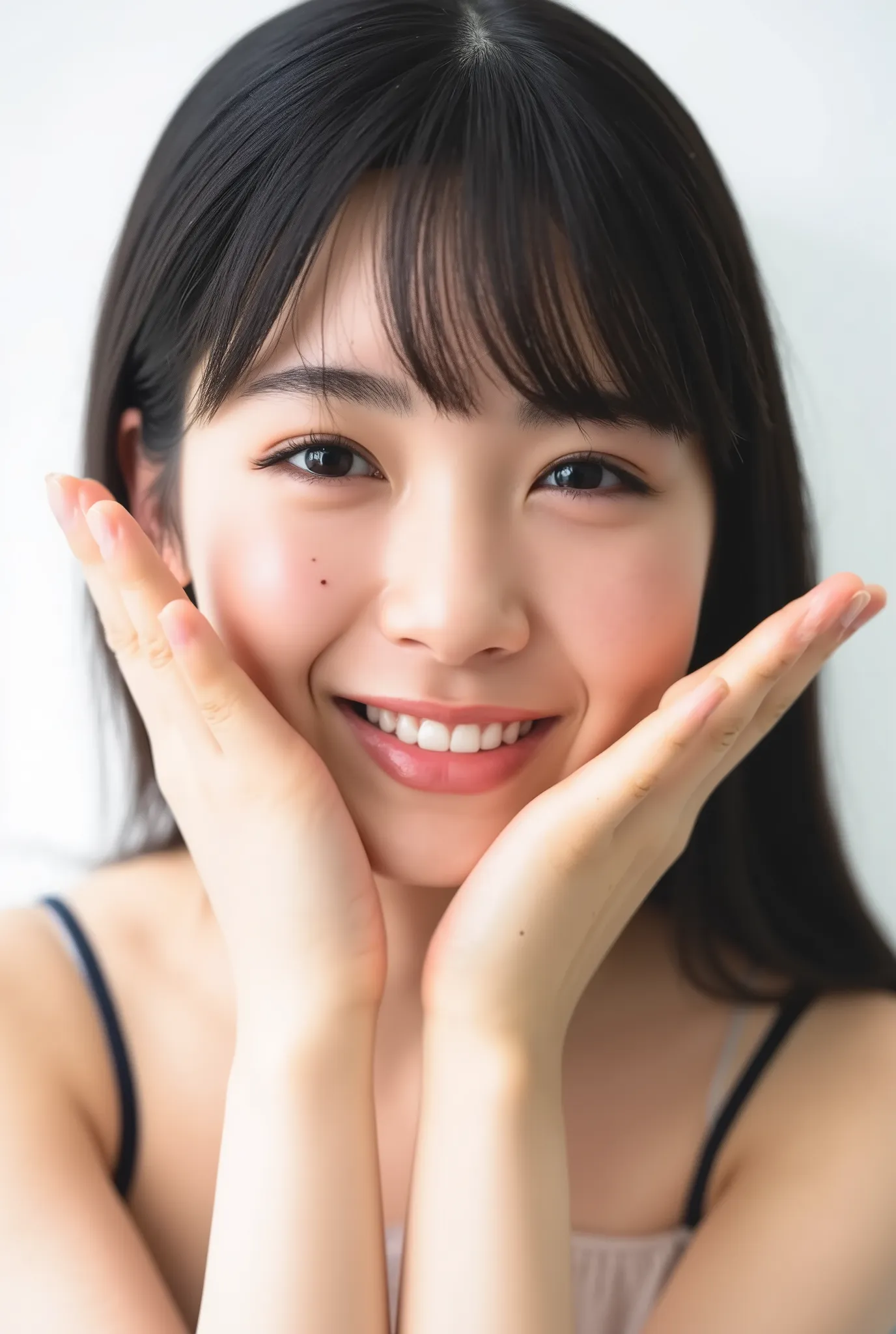 An extreme ultra close-up portrait of a stunningly beautiful young Japanese woman in her early twenties. Her face fills 95% of the frame, captured in cinematic soft lighting. She has a warm skin tone with flushed cheeks, porcelain-smooth complexion, visibl...
