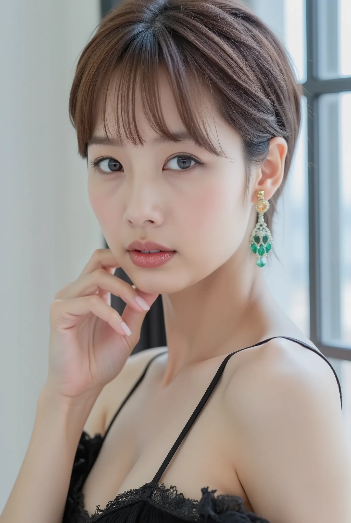 (high definition), (8k), (very well detailed), (Highest Quality),, (masterpiece),beautiful woman highlighting her lower lip, ( attractive body shape ),(beautiful reflection of light)、(photorealism:1.2), original photos , smooth skin, ((clear focus)), Well-...