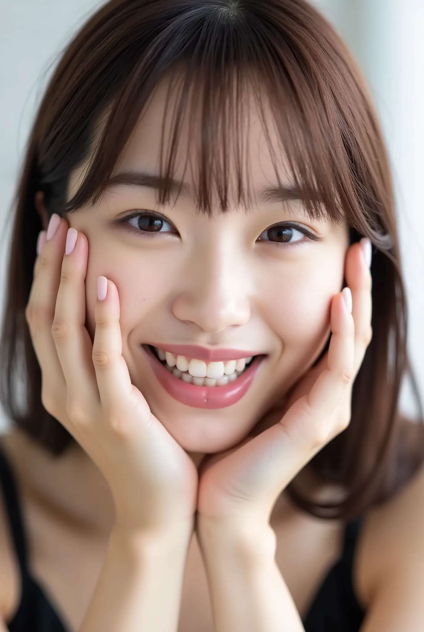 An extreme ultra close-up portrait of a stunningly beautiful young Japanese woman in her early twenties. Her face fills 95% of the frame, captured in cinematic soft lighting. She has a warm skin tone with flushed cheeks, porcelain-smooth complexion, visibl...