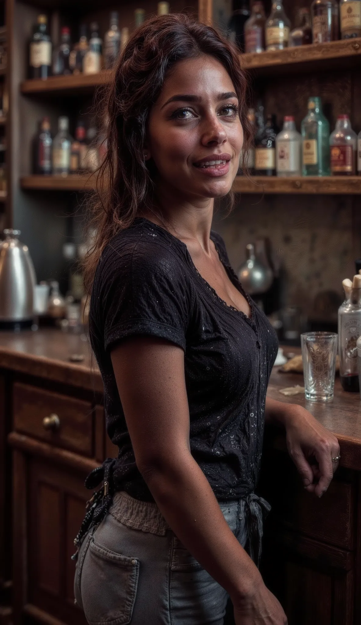 A woman, light-medium brown complexion, young about 20's sexy adult, is positioned slightly to the left of center in a bar setting. She is wearing a black short-sleeved top transparent on the back. She also wears light more ripped gray jeans and a dark apr...