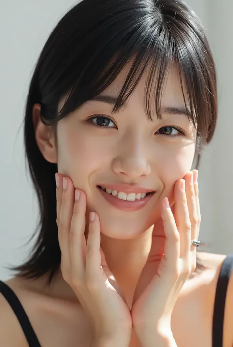 An extreme ultra close-up portrait of a stunningly beautiful young Japanese woman in her early twenties. Her face fills 95% of the frame, captured in cinematic soft lighting. She has a warm skin tone with flushed cheeks, porcelain-smooth complexion, visibl...