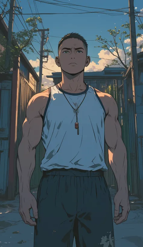 Medium-shot, vertical pastel-style illustration featuring Pak Arga, a 38-year-old male PE teacher standing in front of a school gate. He has a tall, athletic build with well-trained muscles and warm brown (sawo matang) skin, shaped by years of daily exerci...