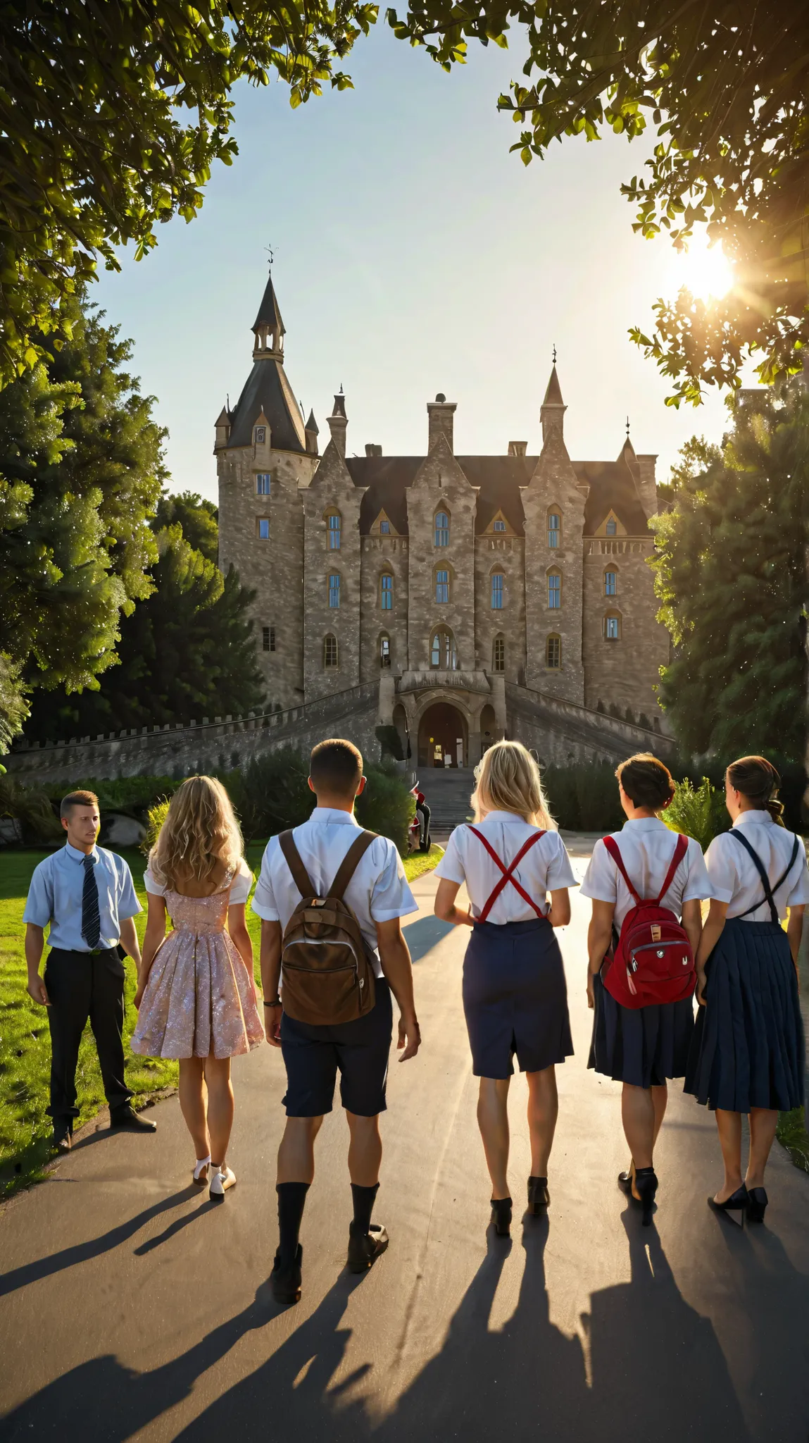 Students are going to school, Beautiful Caucasian White Girls and White Boys, ((Multiple Boys and Girls)), Masterpiece, Top Quality, 8k:1.5, Ultra High Resolution, Detailed Skin Texture, Highly Detailed Cloth Texture, Beautifully Detailed Landscape, Comple...