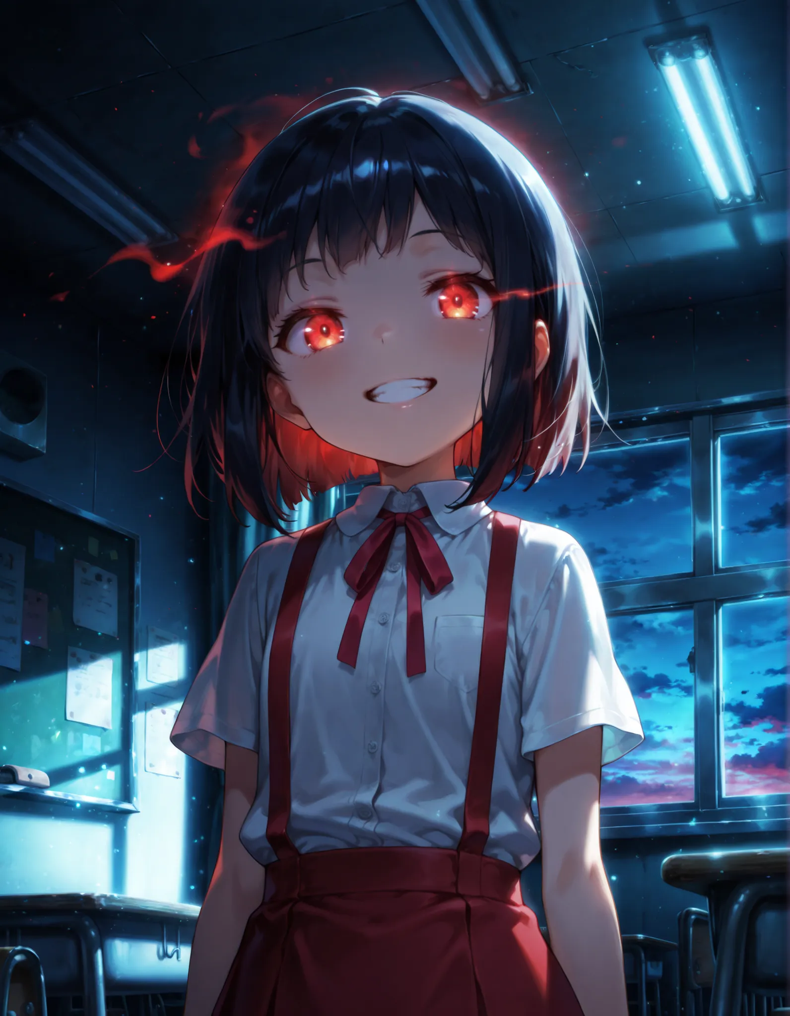 Master piece, highres, best quality, official art, highres, masterpiece, newest","solo, 1girl, hanakosan, black hair, grin, teeth, flat chest","school uniform, red skirt, neck ribbon, white shirt, short sleeves, suspenders, suspender skirt, BREAK classroom...