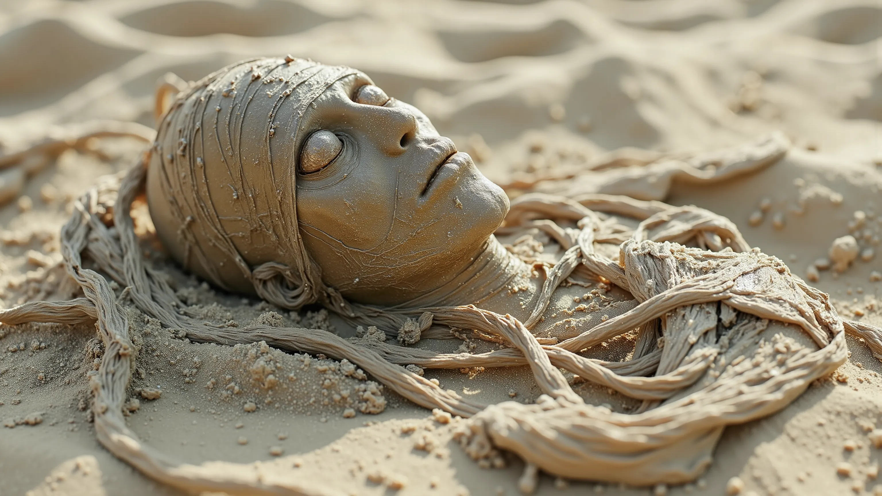 An hideous ancient alien mummy in a Kinetic Sand Temporal Flux style, where the passage of time is captured in the fluidity of sculpted sand. Fleeting shapes are illuminated by hints of grey and white, with a delicate interplay of light and shadow emphasis...