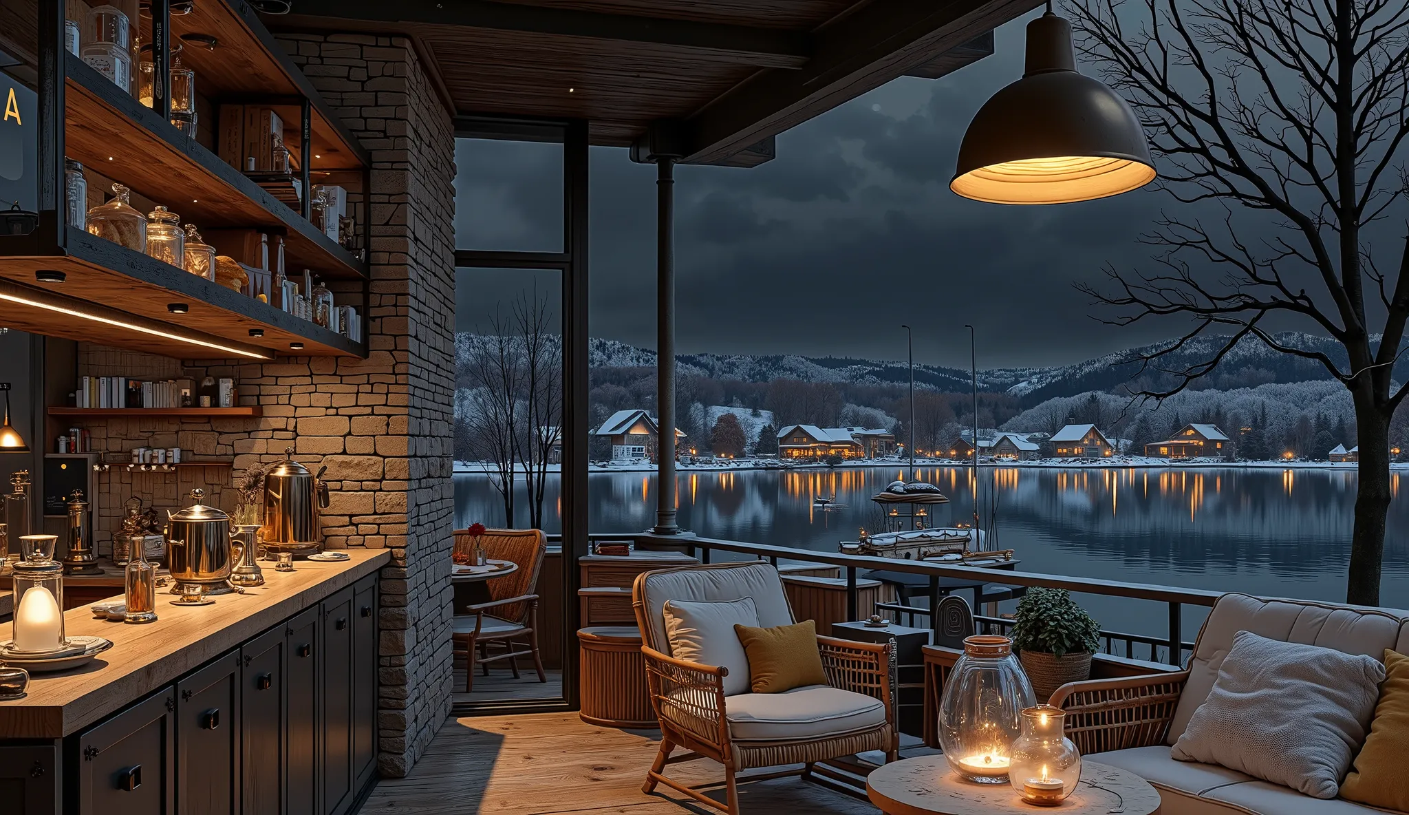 Cozy cabin with fireplace, không có cây Giáng sinhThe scene depicts a Cozy cabin with fireplace, rustic cafe, overlooking a beautiful lake, The interior has a wooden counter, on which a shiny metal coffee pot shines, symbolism of the art coffee floor and w...