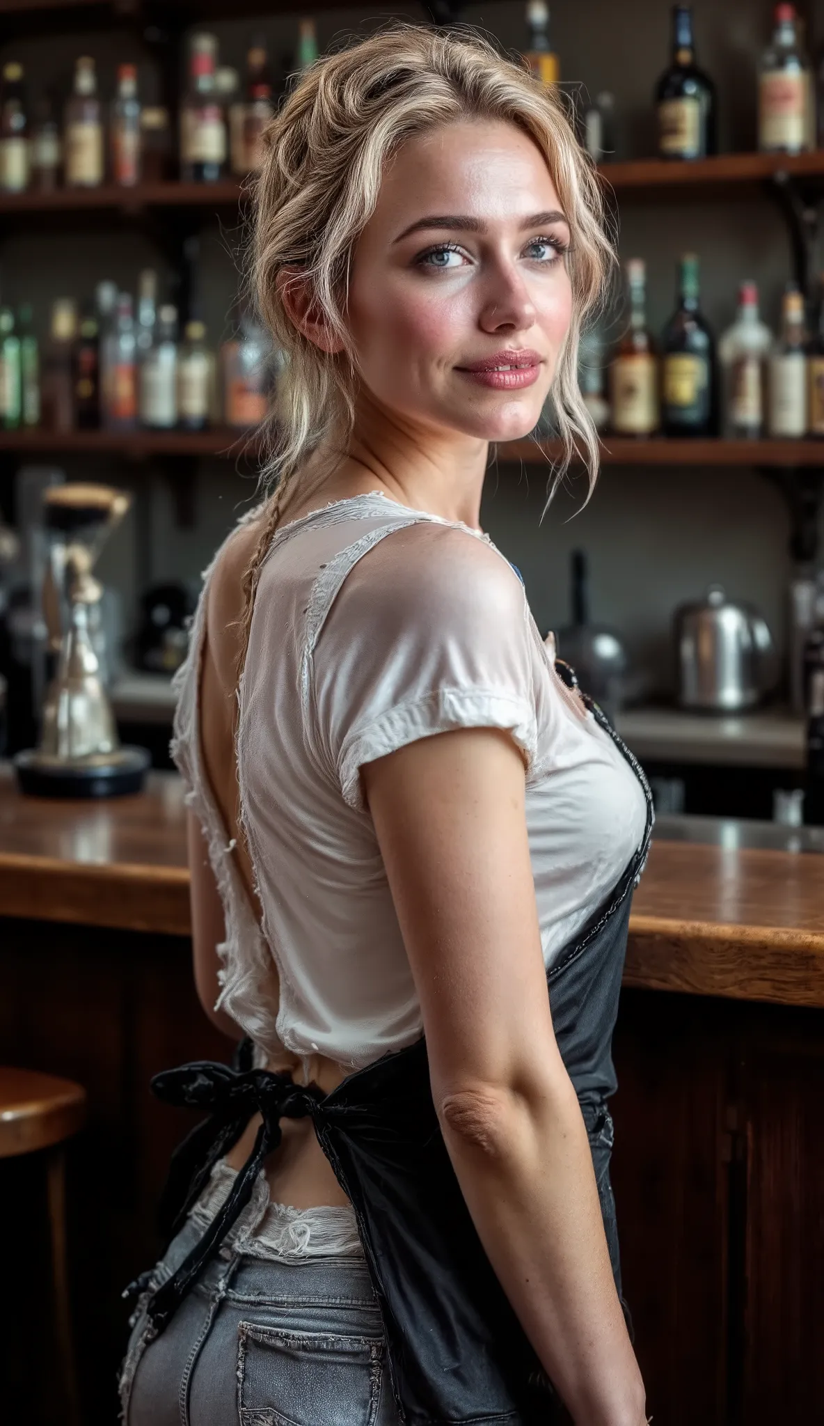 A woman, light-medium blonde complexion, young about 20's sexy adult, is positioned slightly to the left of center in a bar setting. She is wearing a white short-sleeved top transparent on the back. She also wears light more ripped gray jeans and a dark ap...