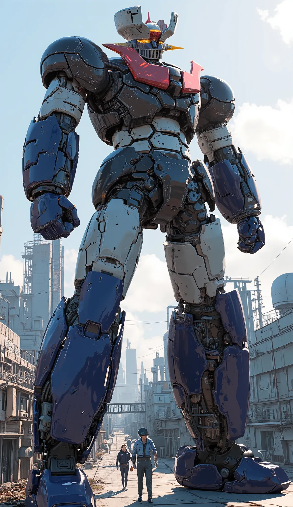 remodeled Mazinger Z , towering 100 meters ahead . , Carbon Fiber , GLOSS SURFACE FINISH、Industrial elements are also visible , It just looks like the real thing , High voltage electric current flows 、on the top of a skyscraper that emits light、I'm ...