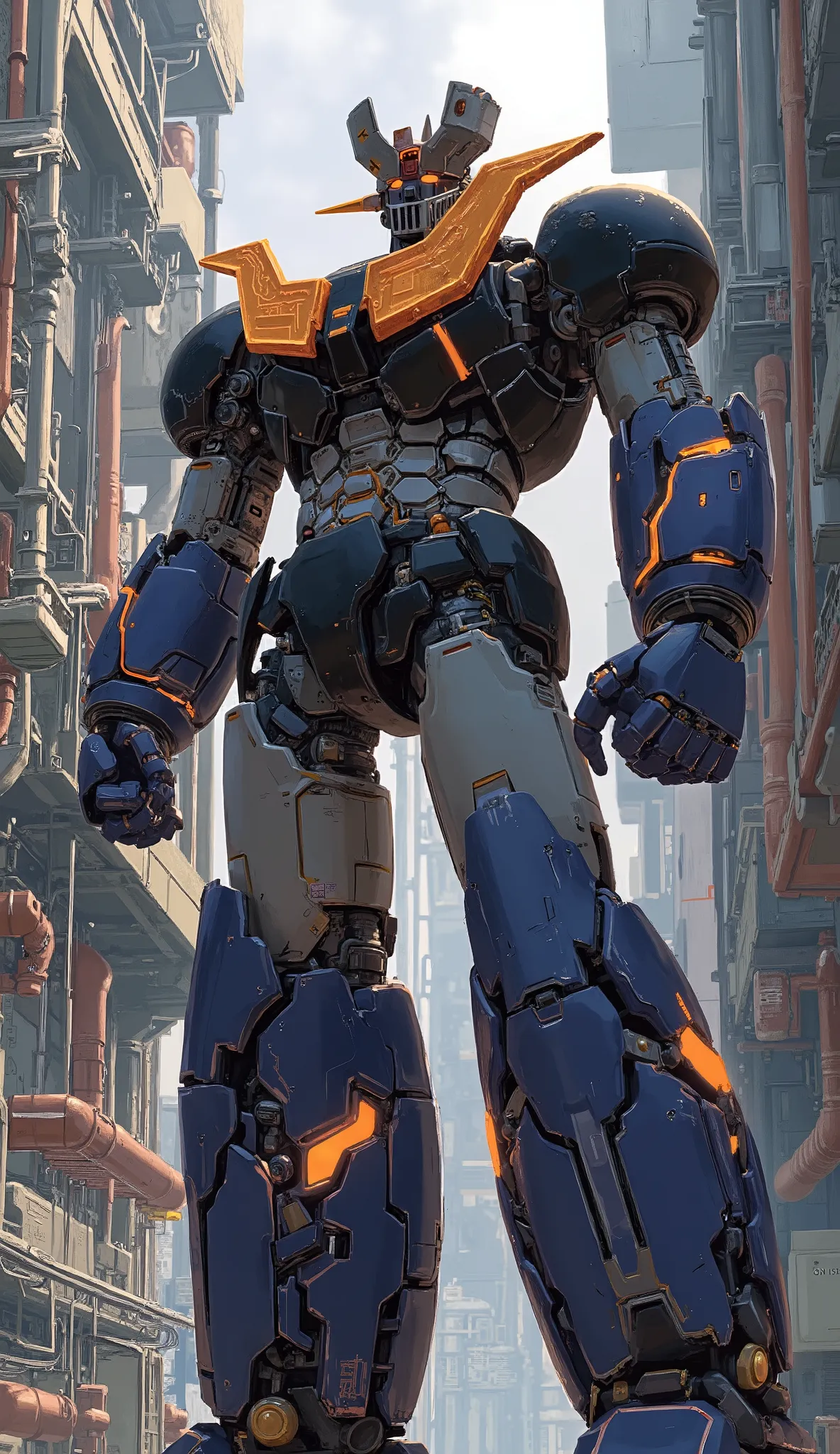 改造MazingerZ , Mazinger, Carbon Fiber , GLOSS SURFACE FINISH、Industrial elements are also visible , It just looks like the real thing , High voltage electric current flows 、on the top of a skyscraper that emits light、I'm standing . industrial environment...