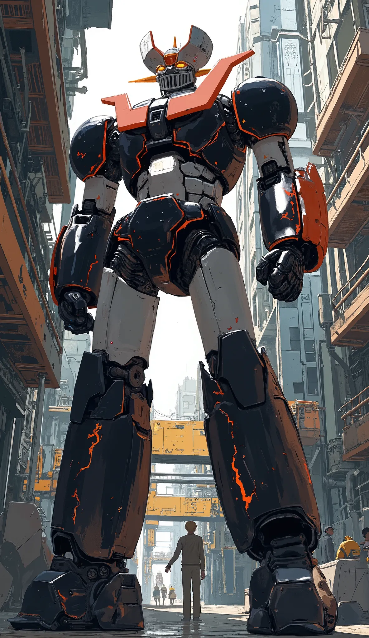 改造MazingerZ , Mazinger, Carbon Fiber , GLOSS SURFACE FINISH、Industrial elements are also visible , It just looks like the real thing , High voltage electric current flows 、on the top of a skyscraper that emits light、I'm standing . industrial environment...