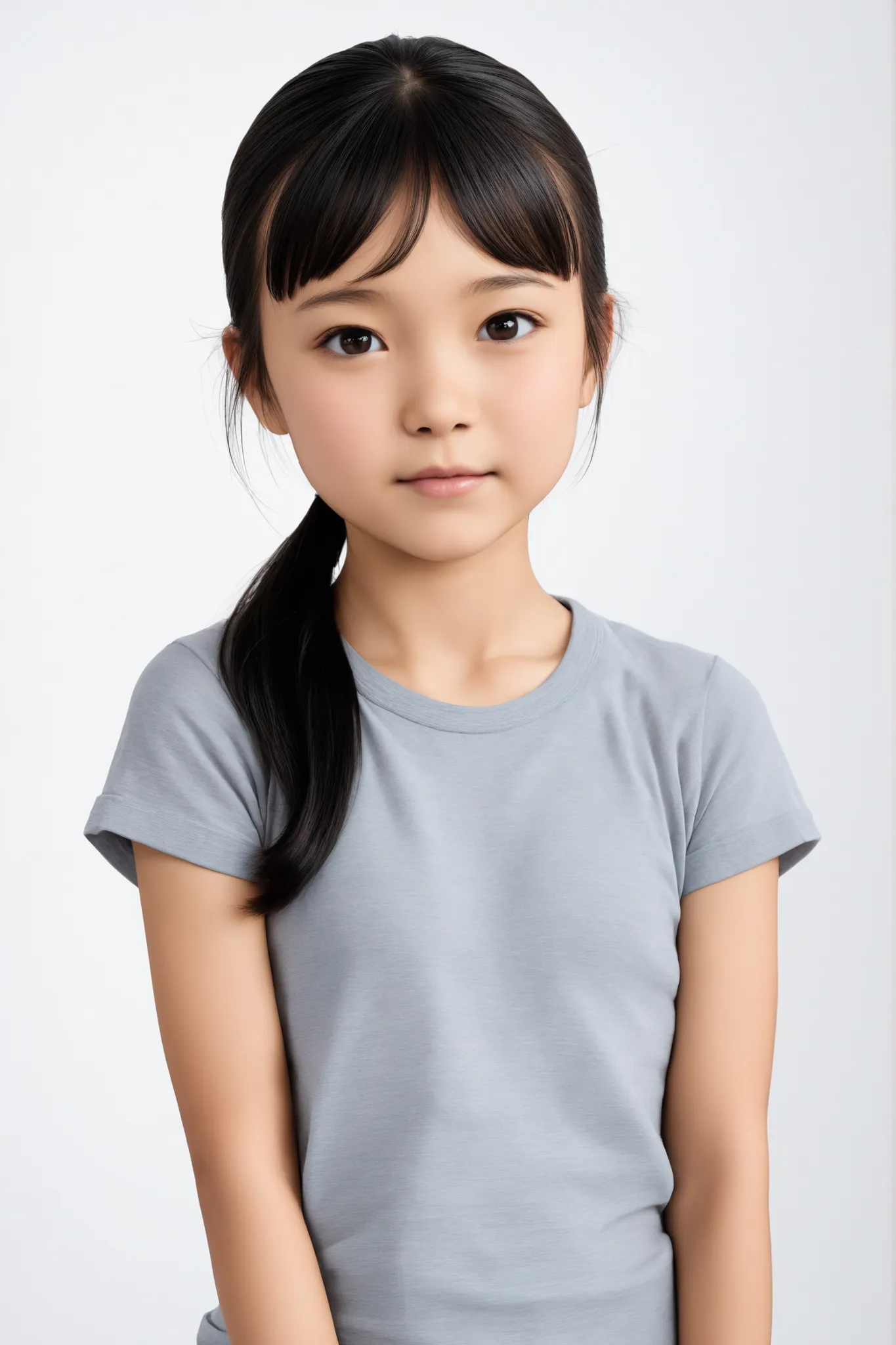 High Quality, masterpiece, A girl with a beautiful face,
break girl,black hair, (low ponytail hair:1.4),(petite bangs:1)
break 12,years old,Japanese, (around 12:1.4),(Brown skin:0.5)
break (1girl:1.4),T-Shirt
break (standing:1.4),portrait,Plain Background
...