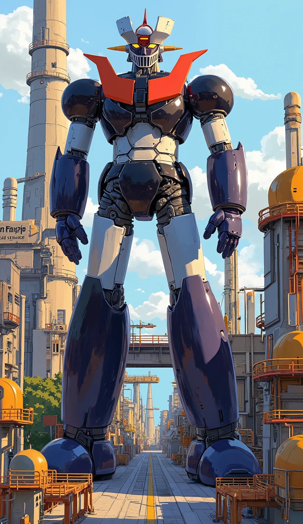 from above 、 remodeled Mazinger Z , towering 100 meters ahead 、huge、 slim、 GLOSS SURFACE FINISH、Industrial elements are also visible , It just looks like the real thing , High voltage electric current flows 、on the top of a skyscraper that emits light、I...