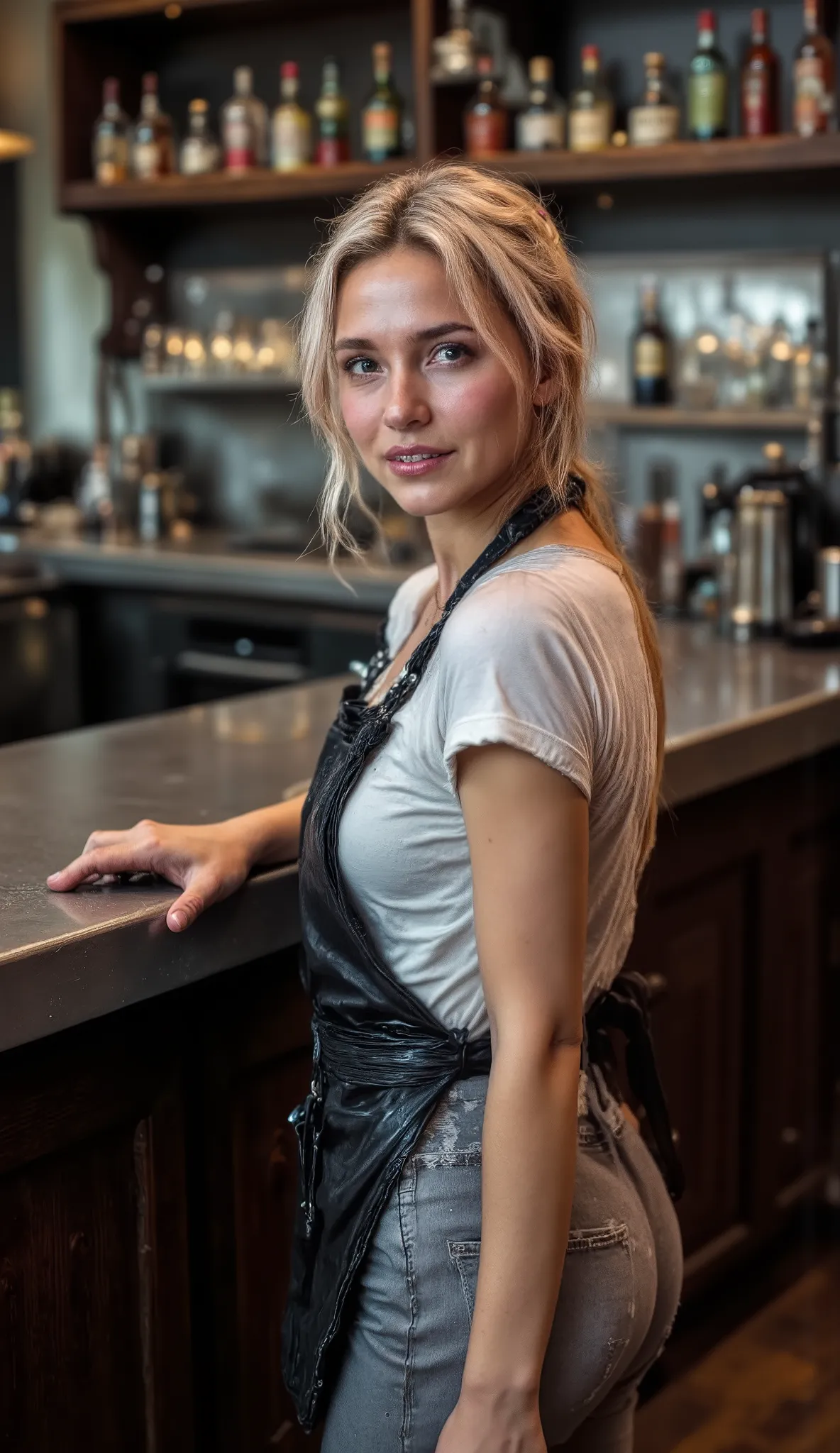 A woman, light-medium blonde complexion, young about 40's sexy adult, is positioned slightly to the left of center in a bar setting. She is wearing a white short-sleeved top transparent on the back. She also wears light more ripped gray jeans and a dark ap...