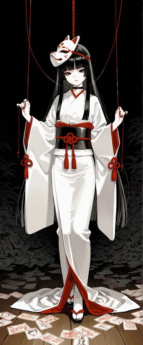 1girl, black eyes, black lush eyelashes, tsurime, Very thick and long black Hair, blunt bangs, hime cut, flat Breast, white clothes, kumo-onna, Choker, nail polish, black nails, masterpiece, best quality, Perfect details, perfect composition, Perfect face,...