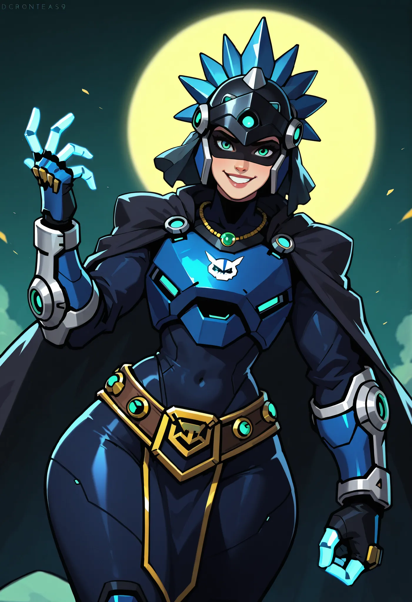Score_9, Score_8_up, cartoon style, flat colors, Overwatch style, 1 girl, alone, turquoise eyes, Disney Pixar character, fully clothed, open eyes, dronified, tight black tracksuit, friendly gesture, long smile, large robotic breastplate, robotic power reac...