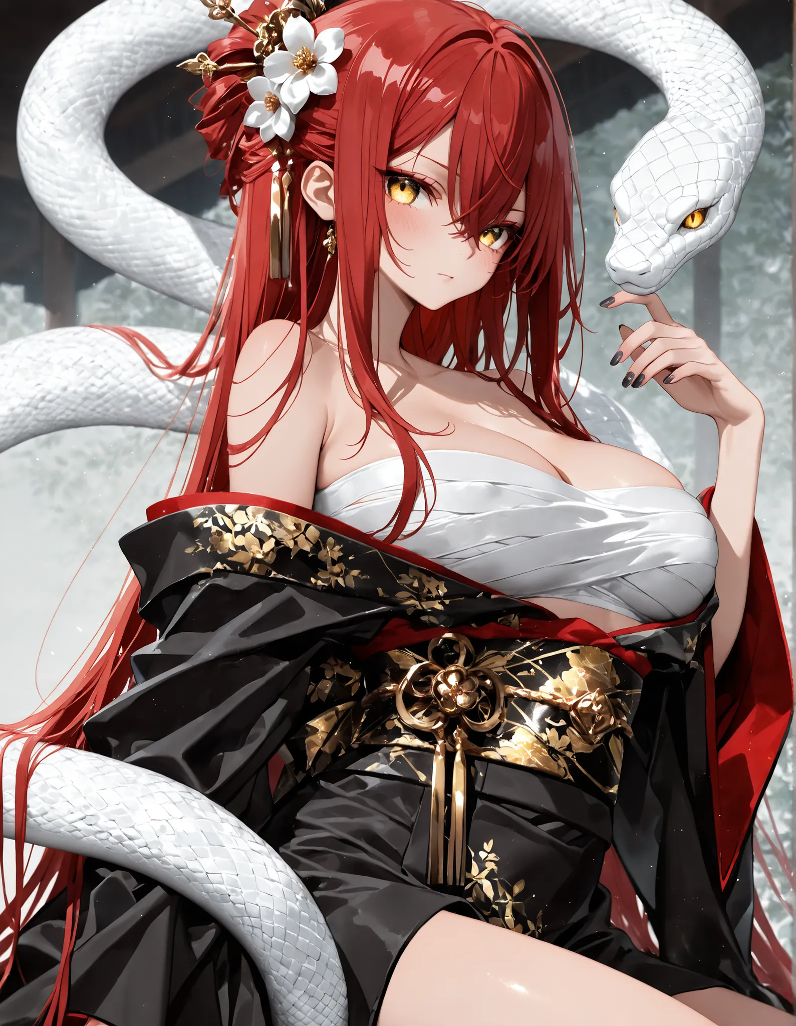 1 girl , golden eyes , very long hair , long sidelocks, red hair ,half updo, petite , very cute , beautiful ,Straight hair, cool, handsome, hair between eyes, sexy, medium large breast, kimono, sarashi, japanese clothes, flower, black nails, blush, white ...