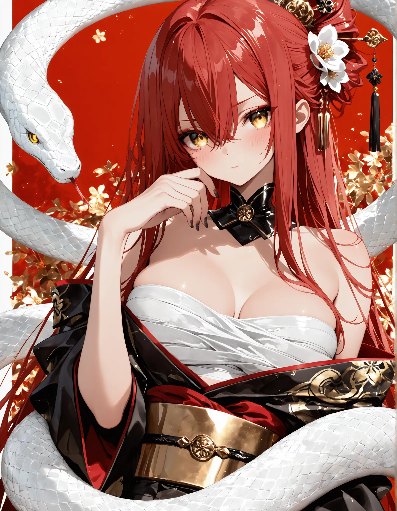 1 girl , golden eyes , very long hair , long sidelocks, red hair ,half updo, petite , very cute , beautiful ,Straight hair, cool, handsome, hair between eyes, sexy, medium large breast, kimono, sarashi, japanese clothes,  flower, black nails, blush, white ...