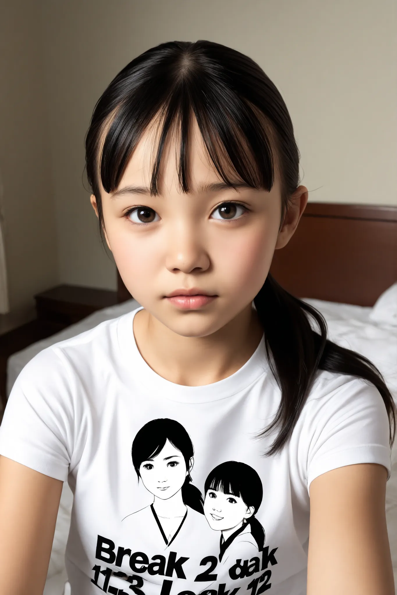 High Quality, masterpiece, A girl with a beautiful face,
break girl,black hair, (low ponytail hair:1.4),(petite bangs:1)
break 12,years old,Japanese, (around 12:1.4),(Brown skin:0.5)
break (1girl:1.4),T-Shirt,kiss 
break portrait,bed room
break Dark lighti...