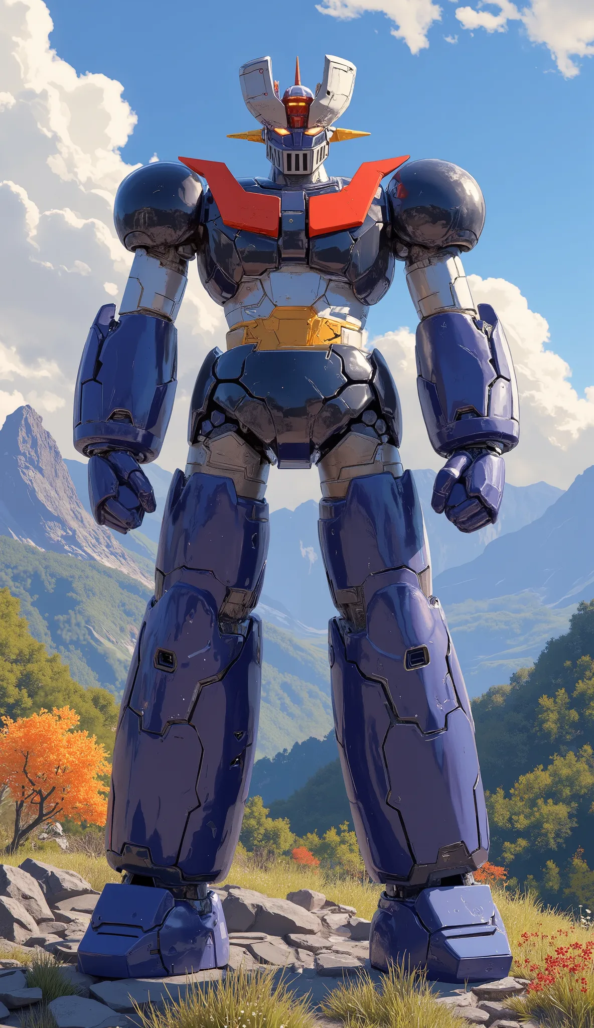 from above 、 remodeled Mazinger Z 、 super huge 、 slim、 GLOSS SURFACE FINISH、fine decoration, It just looks like the real thing、Mountain area、Masinger Z is standing around , It is illuminated by natural light、dynamic composition、Full color high image qual...