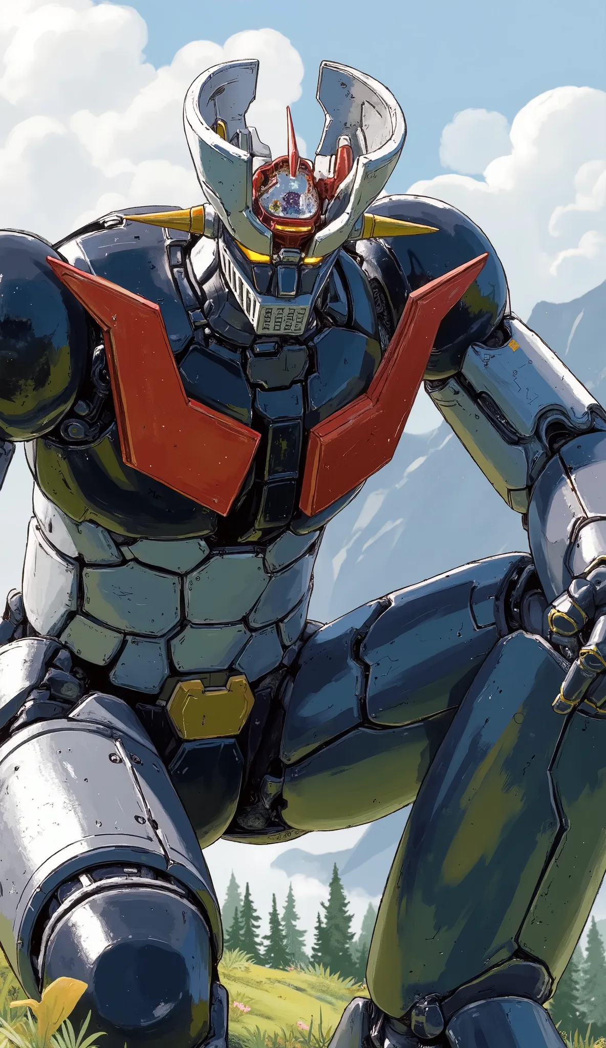 from above 、Head close-up、 remodeled Mazinger Z 、 super huge 、 slim、 GLOSS SURFACE FINISH、fine decoration, light gray coloring、Mountain area、Masinger Z is standing around , It is illuminated by natural light、Put one knee on the ground、dynamic composition...