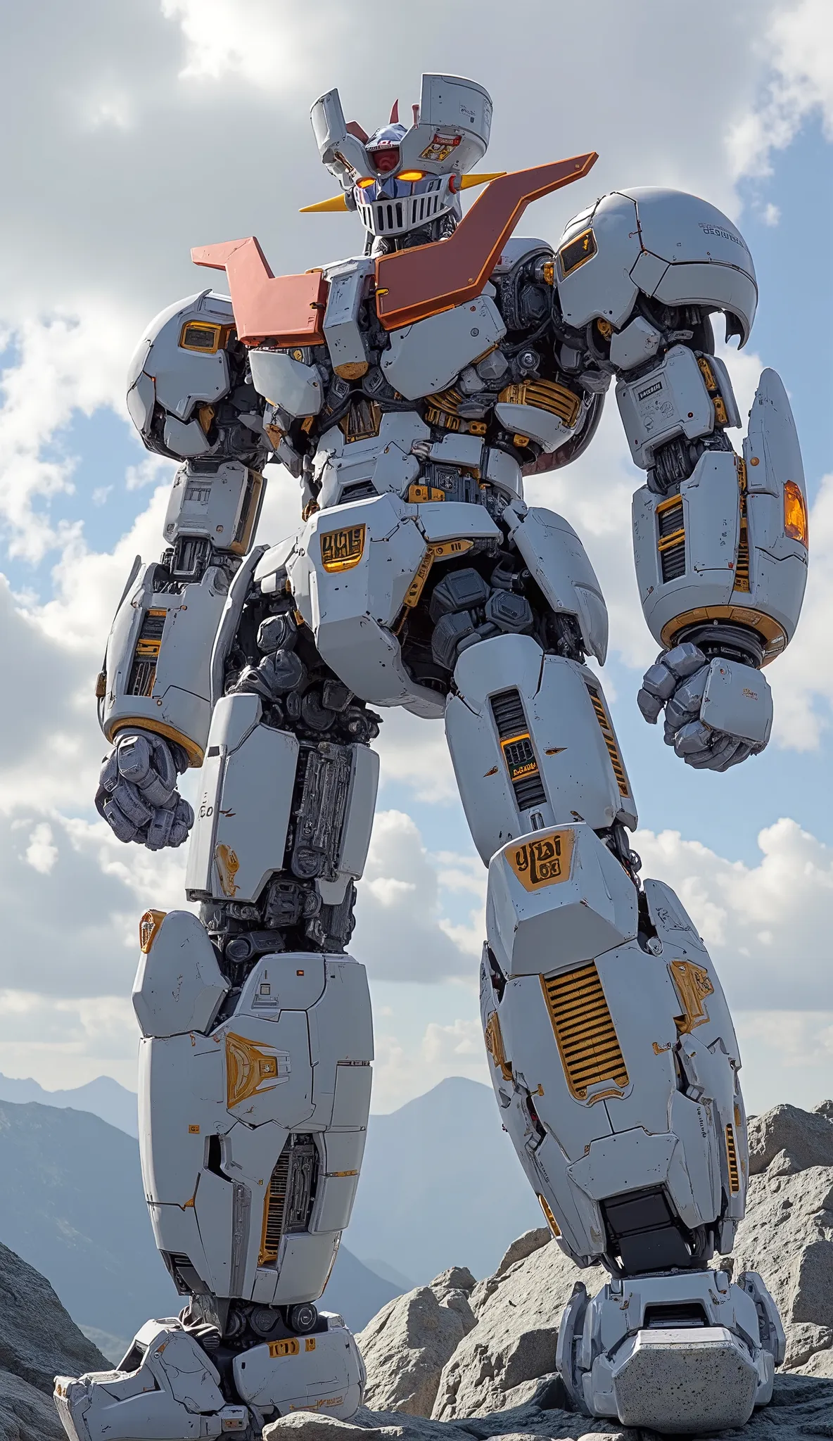 from above 、Super up the head、 remodeled Mazinger Z 、 super huge 、 slim、 GLOSS SURFACE FINISH、fine decoration, light gray coloring、Mountain area、Masinger Z is standing around , It is illuminated by natural light、Put one knee on the ground、dynamic composi...