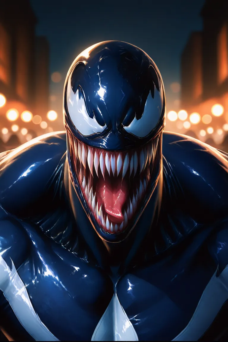 Marvel's Villain、Venom、NYC Streetscape、is a villain who uses his whole body to appeal、Realistic、4K resolution、High Dynamic Range、studio lighting、Ultra Fine Details、Professional、Vivid Colors、bokeh、 horror、Dark Fantasy、oil paint