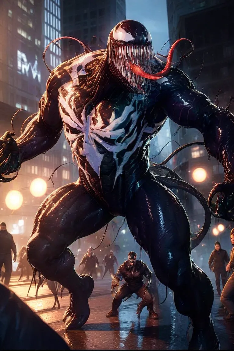 MARVEL Comics、Villain、VENOM、NYC Streetscape、Use Your Full Body to Appeal as a Villain High Quality、4K resolution、ultra-fine depiction、photoreal、High Dynamic Range、studio lighting、Vivid Colors、bokeh、Venom、Monstrous Appearance、bare fangs、wicked smile、New York Skyscrapers、dark atmosphere、Storytelling 、action、Dark Fantasy、digital art