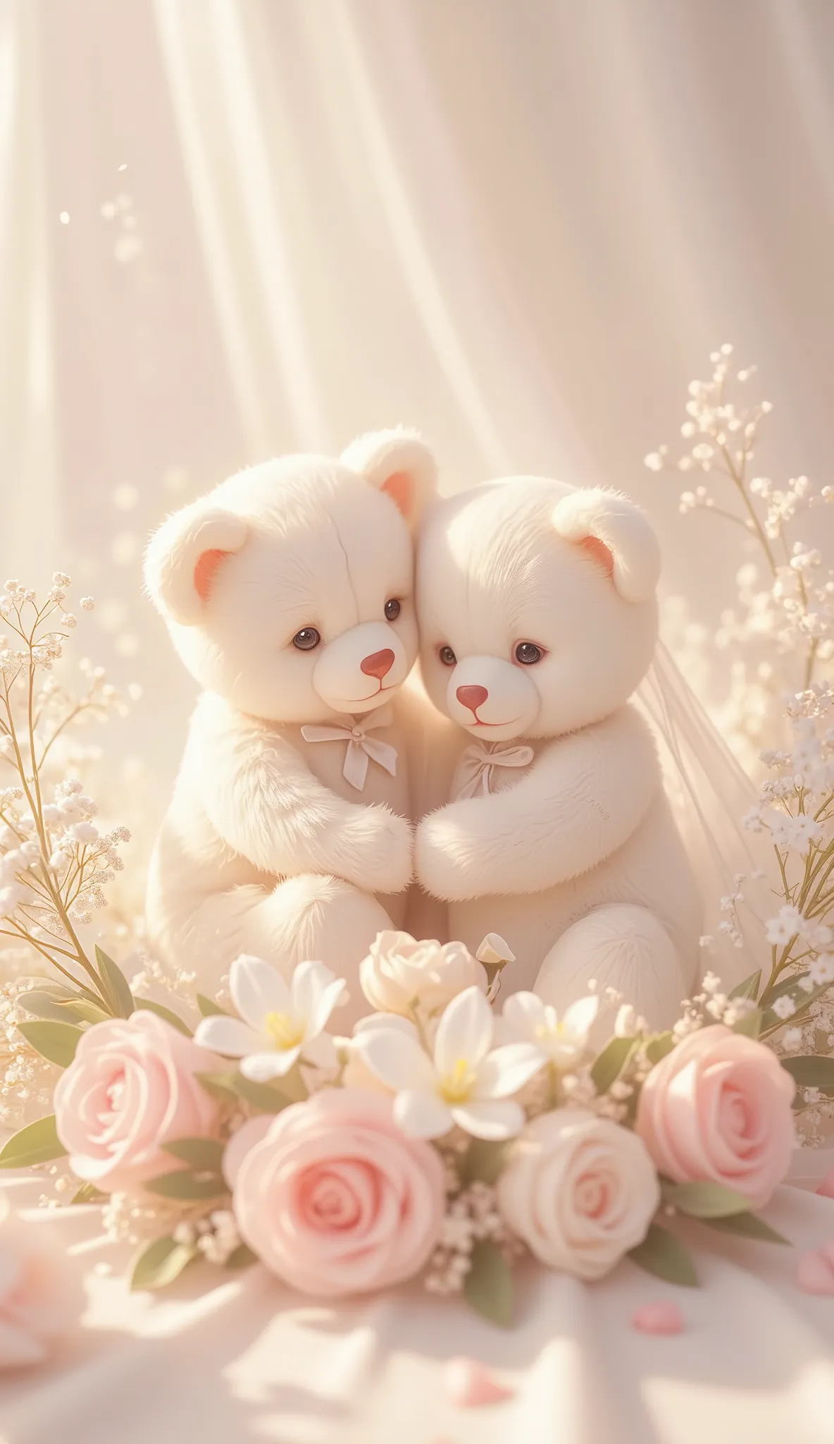 Book cover design , Wedding Flowers, Two Teddy Bears,comfortable white tones