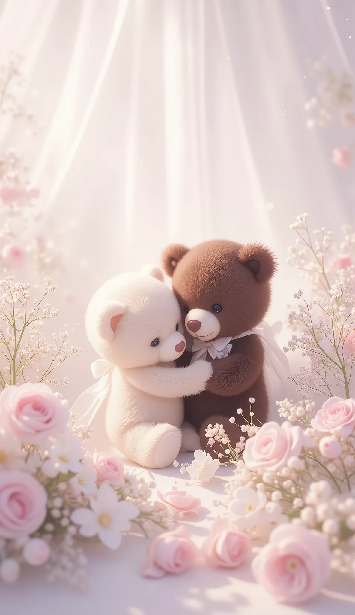 Book cover design , Wedding Flowers, Two Teddy Bears,comfortable white tones