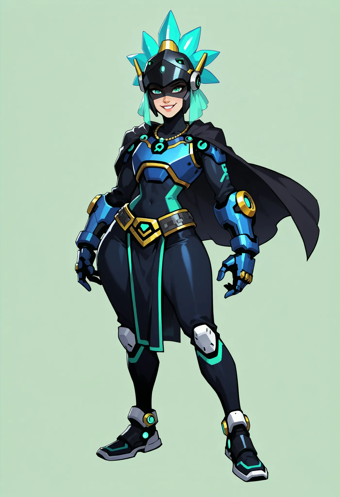 Score_9, Score_8_up, cartoon style, flat colors, Overwatch style, 1 girl, alone, turquoise eyes, Disney Pixar character, fully clothed, open eyes, dronified, tight black tracksuit, friendly gesture, long smile, large robotic breastplate, robotic power reac...